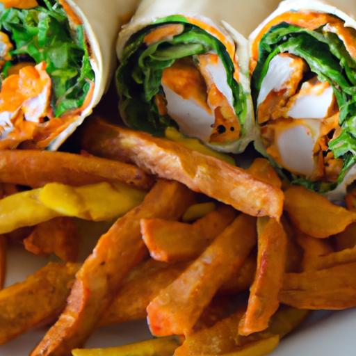 Spicy Buffalo chicken Wraps Paired with Crispy Sweet Fries