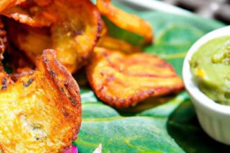 Crunchy Delight: Guacamole Paired with Crispy Plantain Chips